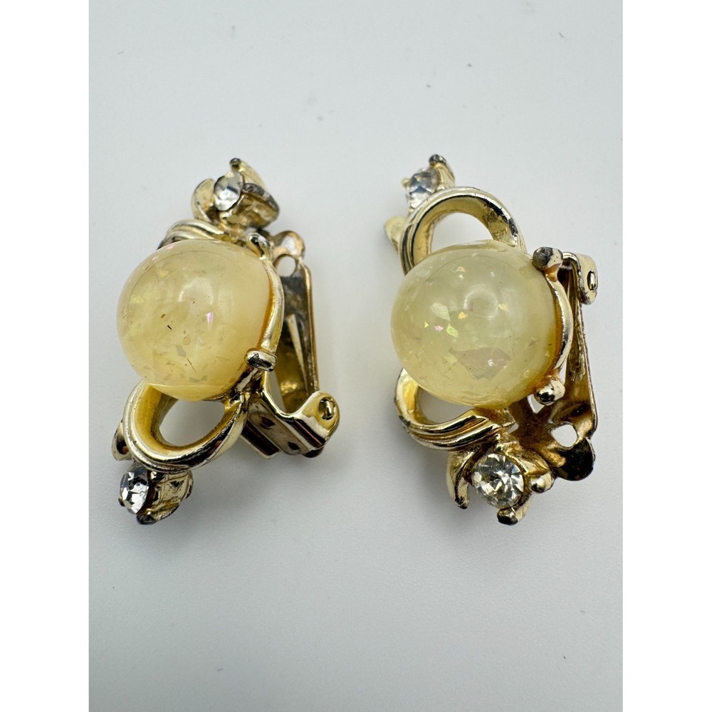 Vintage Coro Earrings Opalescent Glitter Cabochon Rhinestone MCM Gold Tone